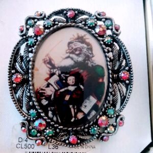 Vtg Season's Greetings Santa Pin or Used As Ornament Tin Box Kids Under Umbrella